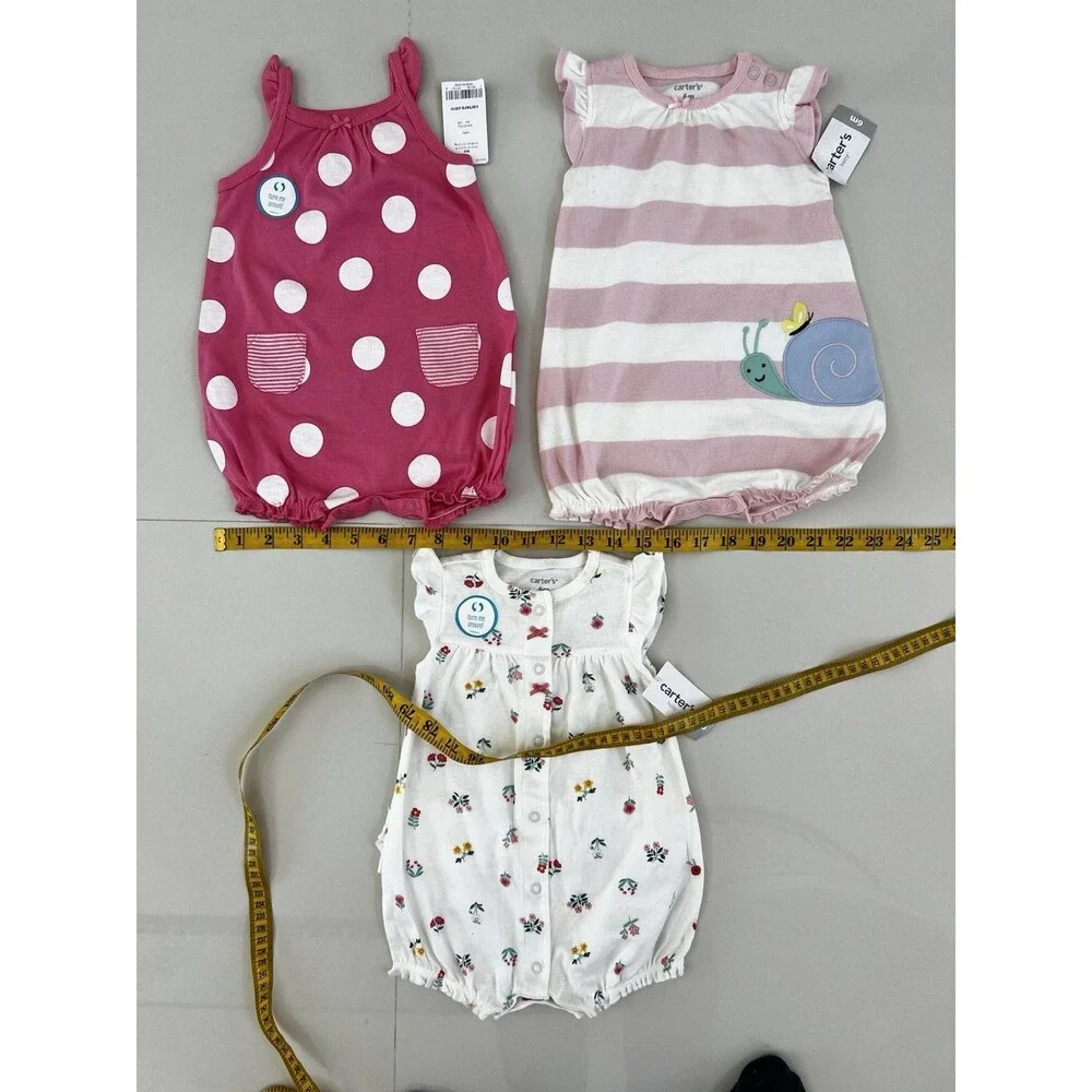 Set Lot of 3 Baby Girl Bubble Romper Outfit Summer Cotton 6m Snail Crab Flowers